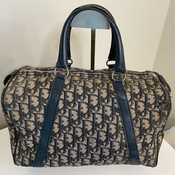 Christian Dior Vintage Trotter mini Boston Bag Navy Ivory Handbag Well Loved - Picture 2 of 15
